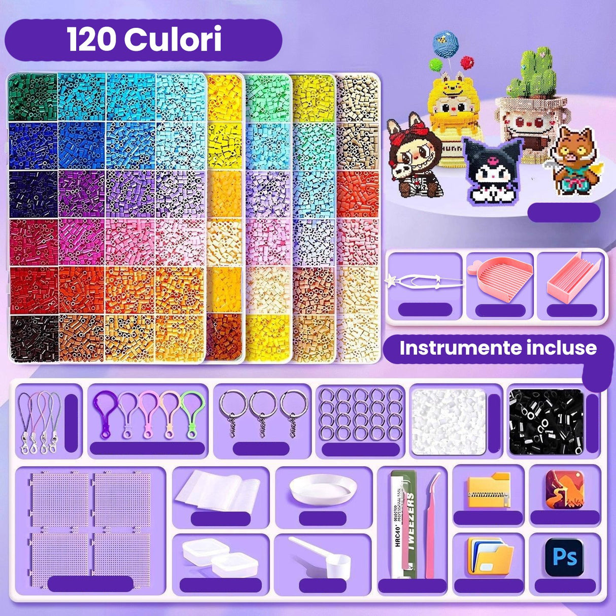 Kit de Margele Perle, Vivimall, Set DIY 3D din 120 de Culori, 10000 de piese, Instrumente pentru Margele Incluse, 2.6 mm in cutie, Multicolor - vivimall.ro