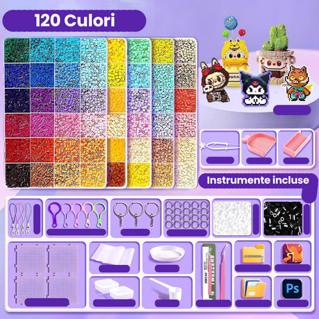 Detaliu mărgele perle multicolore 2.6 mm cu pensetă, tăvițe sortare și plăci asamblare incluse în kit DIY 3D