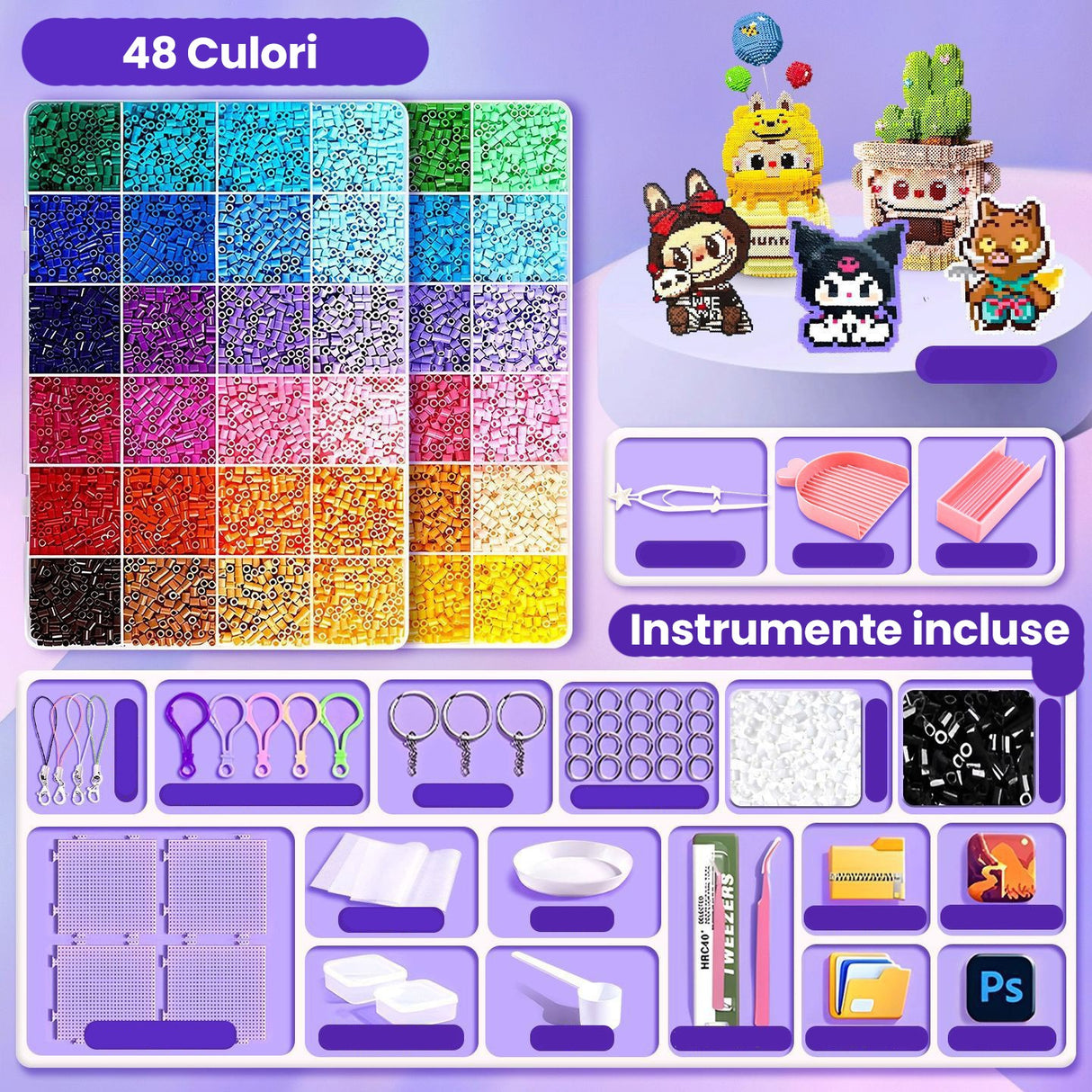 Kit de Margele Perle, Vivimall, Set DIY 3D din 48 de Culori, 4000 de piese, Instrumente pentru Margele Incluse, 2.6 mm in cutie, Multicolor - vivimall.ro