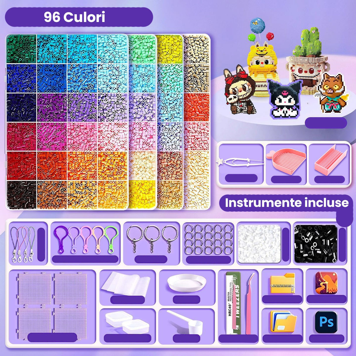Kit de Margele Perle, Vivimall, Set DIY 3D din 96 de Culori, 8000 de piese, Instrumente pentru Margele Incluse, 2.6 mm in cutie, Multicolor - vivimall.ro