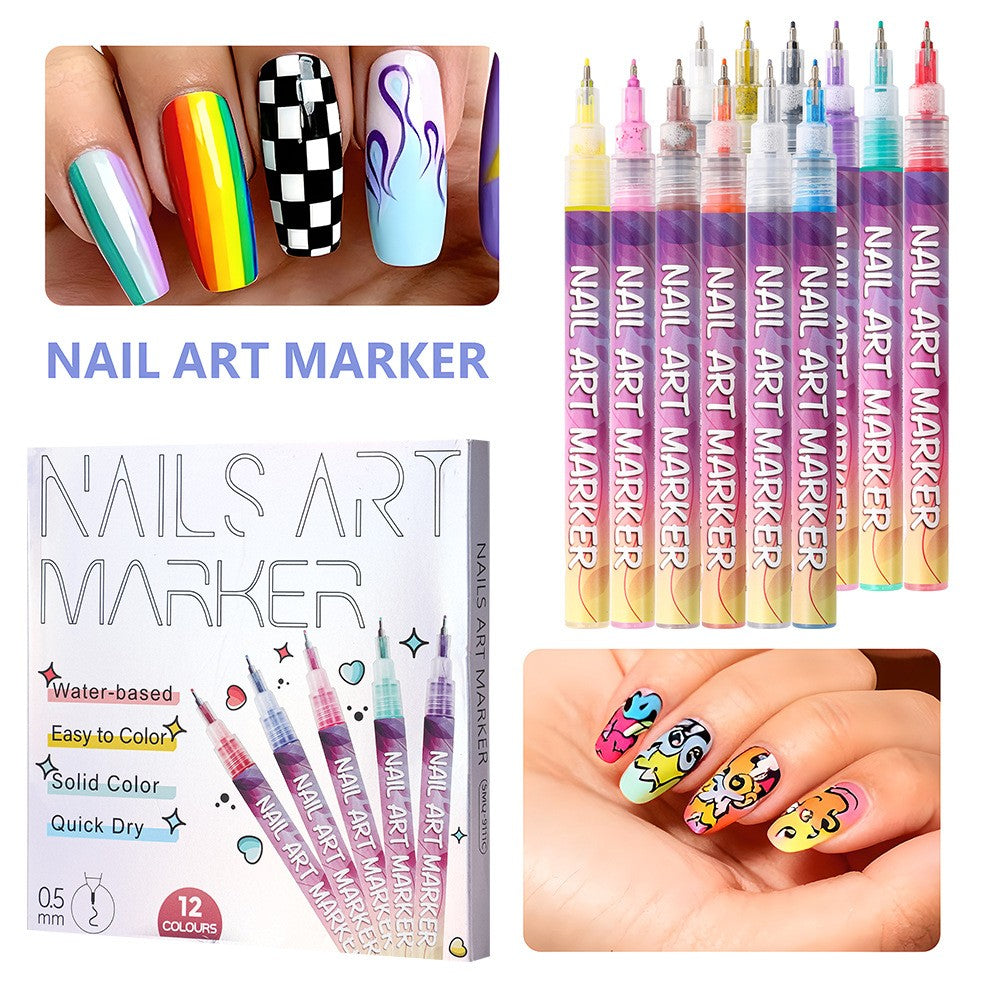 Kit Nail Art, Flippy, Set 12 Markere Acrilice Pentru Unghii, Varf Ultra Fin 0.5 mm, 13 x 10 cm, Multicolor - vivimall.ro