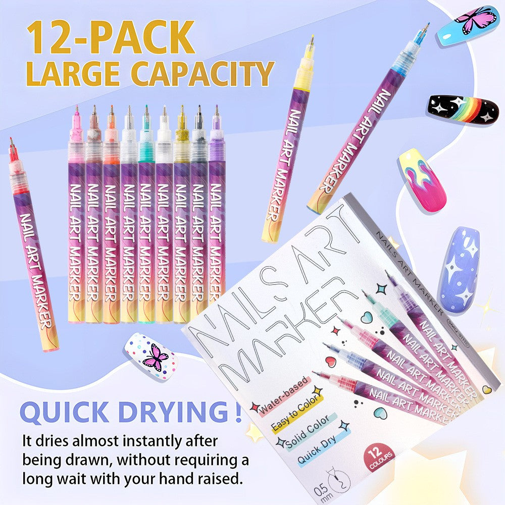 Kit Nail Art, Flippy, Set 12 Markere Acrilice Pentru Unghii, Varf Ultra Fin 0.5 mm, 13 x 10 cm, Multicolor - vivimall.ro
