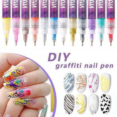Kit Nail Art, Flippy, Set 12 Markere Acrilice Pentru Unghii, Varf Ultra Fin 0.5 mm, 13 x 10 cm, Multicolor - vivimall.ro