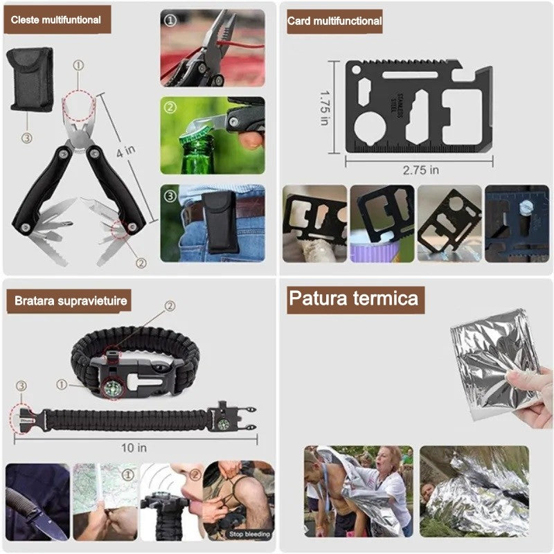 Kit supravietuire multifuncional Flippy, 42 de Instrumente Profesionale, Echipament de prim-ajutor, Drumetie, Camping - vivimall.ro