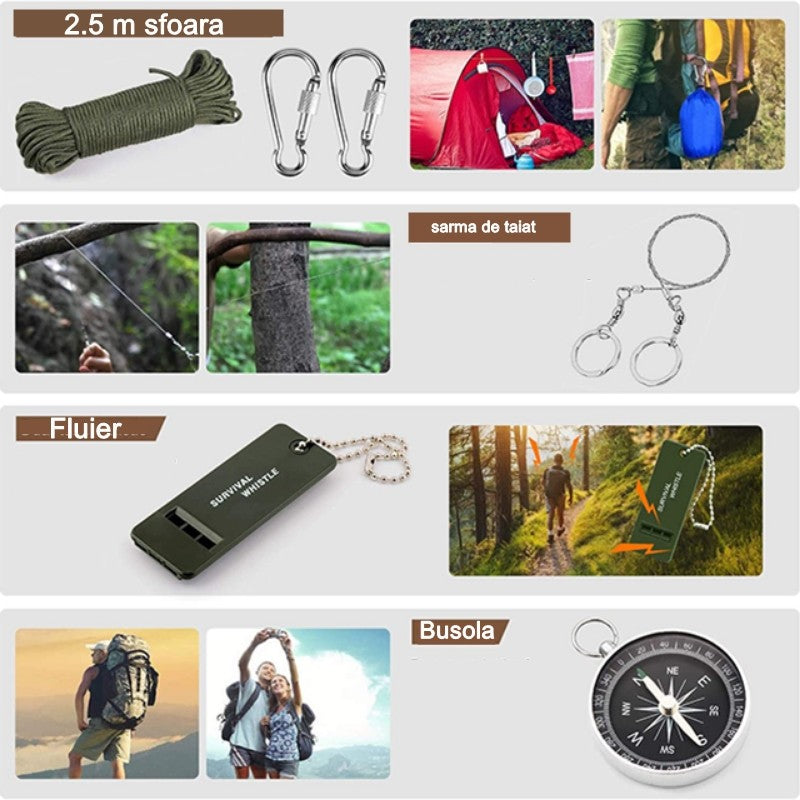 Kit supravietuire multifuncional Flippy, 42 de Instrumente Profesionale, Echipament de prim-ajutor, Drumetie, Camping - vivimall.ro