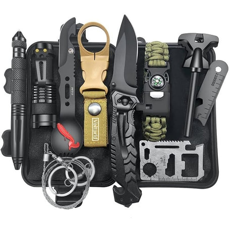 Kit Supravietuire Multifunctional 13 In 1 Instrumente Profesionale, Agatatoare Ghiozdan, Pentru Camping, Drumetii, Aventuri In Aer Liber, Borseta Inclusa, Model Cutie, Negru - vivimall.ro