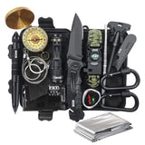 Kit supravietuire multifunctional 16 in 1 Vivimall, Instrumente profesionale, Agatatoare ghiozdan, pentru Camping, Drumetii, Aventuri in aer liber, borseta inclusa, negru - vivimall.ro