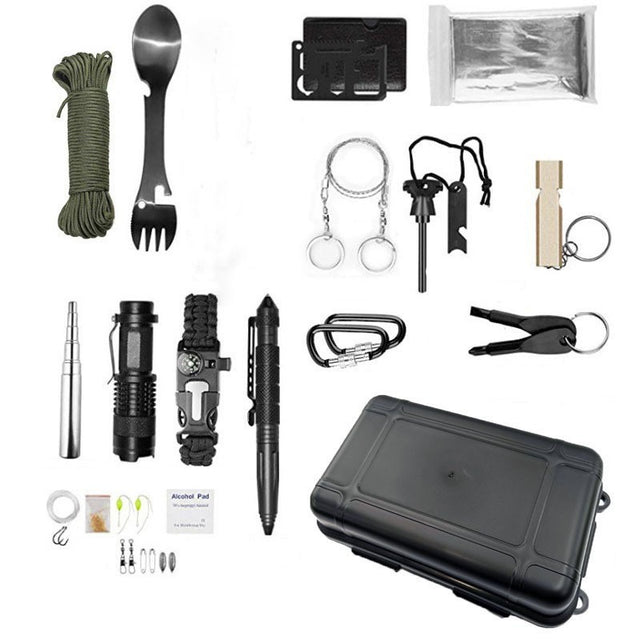 Kit supravietuire multifunctional Vivimall, Instrumente profesionale, Agatatoare ghiozdan, pentru Camping, Drumetii, Aventuri in aer liber, negru - vivimall.ro