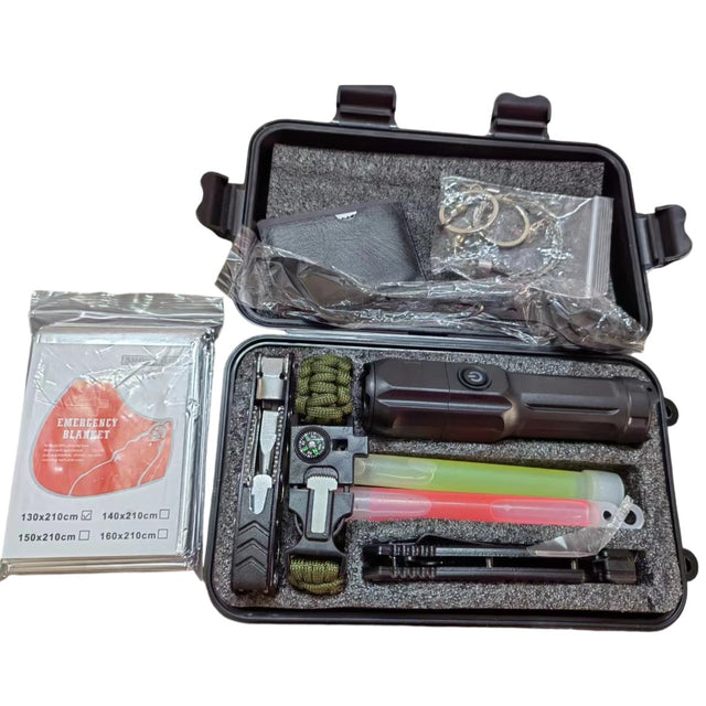 Kit supravietuire multifunctional, Vivimall, Instrumente profesionale, Tip Valiza, pentru Camping, Drumetii, Aventuri in aer liber, 130x210 cm, Negru - vivimall.ro