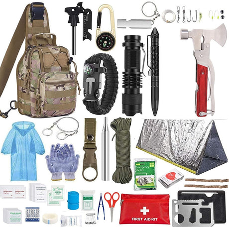Kit supravietuire multifunctional Vivimall, Instrumente profesionale, Trusa de Prim-Ajutor, pentru Camping, Drumetii, Aventuri in aer liber, borseta inclusa, model army - vivimall.ro