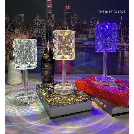 Lampa de birou pe LED RGB 16, Vivimall, dimmer tactil, 3 nivele de intensitate, incarcare USB, 3W, Cristal Acrilic, 13x28 cm, cu telecomanda, forma veioza, transparent - vivimall.ro