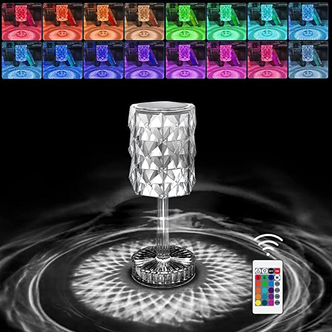 Lampa de birou pe LED RGB 16, Vivimall, dimmer tactil, 3 nivele de intensitate, incarcare USB, 3W, Cristal Acrilic, 13x28 cm, cu telecomanda, forma veioza, transparent - vivimall.ro
