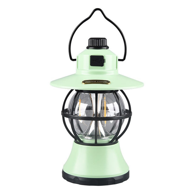 Felinar LED retro portabil pentru camping, culoare verde mint, vedere frontală, material ABS