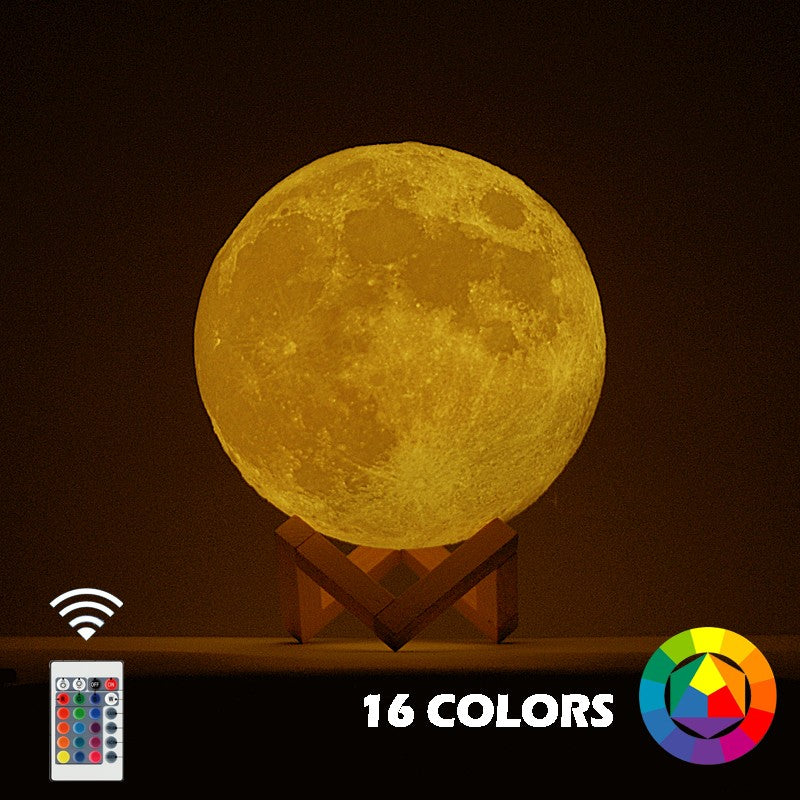 Lampa de veghe in forma de luna cu stele 3D Moon Light, Acumulator integrat, alimentare USB, stand din plastic inclus, 13 cm, 16 culori, Multicolor, Telecomanda inclusa, Vivimall - vivimall.ro