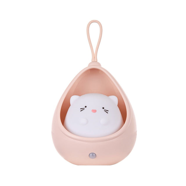 Lampa de veghe portabila cu 2 moduri de functionare Vivimall, silicon non-toxic, reincarcabila USB, senzor miscare, roz, pisicuta - vivimall.ro