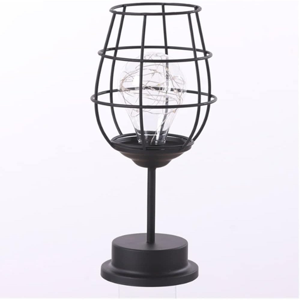 Lampa Decorativa cu Leduri, Vivimall, Model Pahar de Vin, cu Baterii, 13 x 13 x 28 cm, Suport Negru, Lumina Alb Cald - vivimall.ro