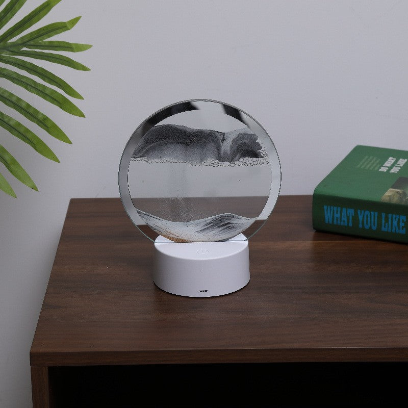 Lampa decorativa tip clepsidra Vivimall, imagine 3D dinamica, nisipuri miscatoare, 16 x 18.5 cm, Gri/Auriu - vivimall.ro