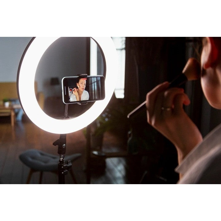 Lampa LED Circulara cu Trepied Metalic Extensibil, Vivimall, Rotativa 360 de Grade, Lungime Extensie 210 cm, Diametru Lampa 26 cm, Conectare USB, Telecomanda, 3 Trepte de Lumina, Negru - vivimall.ro