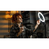 Lampa LED Circulara cu Trepied Metalic Extensibil, Vivimall, Rotativa 360 de Grade, Lungime Extensie 210 cm, Diametru Lampa 26 cm, Conectare USB, Telecomanda, 3 Trepte de Lumina, Negru - vivimall.ro