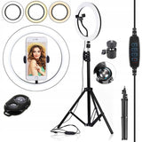 Lampa LED Circulara cu Trepied Metalic Extensibil, Vivimall, Rotativa 360 de Grade, Lungime Extensie 210 cm, Diametru Lampa 26 cm, Conectare USB, Telecomanda, 3 Trepte de Lumina, Negru - vivimall.ro