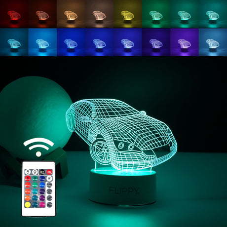 Lampa LED decorativa, Vivimall, 3D, Masina Sport, doua moduri de alimentare USB si baterii, 20 cm inaltime, din material acril si lumina multicolora, alb - vivimall.ro
