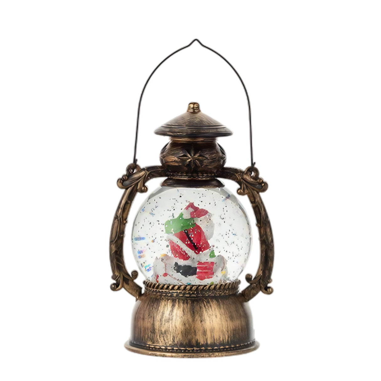 Felinar Crăciun vintage negru-auriu cu cablu USB inclus, prezentat în context decor festiv