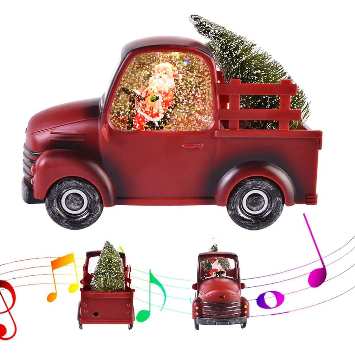 Decoratiune Craciun, Tip Masina, Figurine Mos Craciun cu Bradul, 3 Moduri, Functie Muzicala, Zapada in Miscare, Functioneaza Cu Baterii ( 3 x AA neincluse), Cablu USB (Inclus), Model Rosu, 24 x 10 x 19 cm, Alb Cald - vivimall.ro