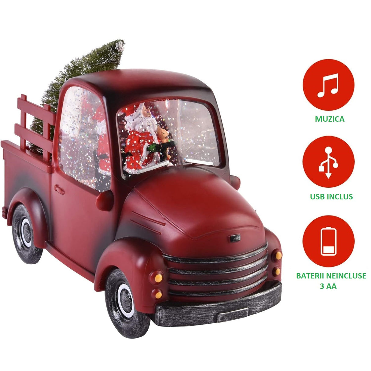 Decoratiune Craciun, Tip Masina, Figurine Mos Craciun cu Bradul, 3 Moduri, Functie Muzicala, Zapada in Miscare, Functioneaza Cu Baterii ( 3 x AA neincluse), Cablu USB (Inclus), Model Rosu, 24 x 10 x 19 cm, Alb Cald - vivimall.ro