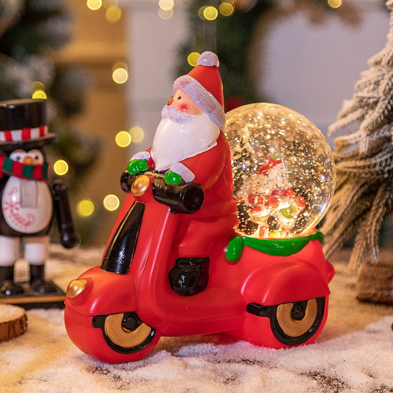 Decoratiune Craciun, Tip Motocicleta, Glob 10 Cm, Figurine Mos Craciun, 3 Moduri, Functie Muzicala, Zapada In Miscare, Functioneaza Cu Baterii ( 3 X Aaa Neincluse), Cablu Usb (Inclus)