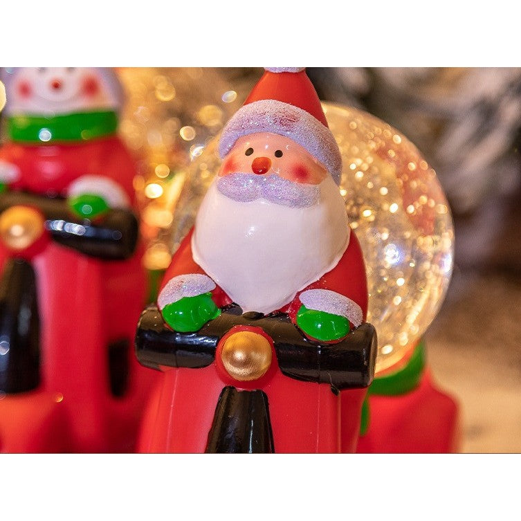 Decoratiune Craciun, Tip Motocicleta, Glob 10 cm, Figurine Mos Craciun, 3 Moduri, Functie Muzicala, Zapada in Miscare, Functioneaza Cu Baterii ( 3 x AAA neincluse), Cablu USB (Inclus), Model Rosu, 20 x 11.5 x 20 cm, Alb Cald - vivimall.ro