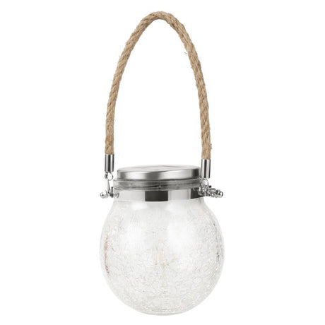 Lampa solara decorativa pentru exterior Vivimall, IP65, 20 LED-uri, 600mAh, 14 x 12 cm, cu agatatoare, model borcan rotund, alb cald - vivimall.ro
