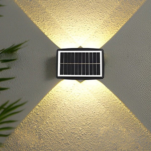 Lampa solara LED bidirectionala dreptunghiulara pentru perete Vivimall, 20.5x10 cm, 6 LED-uri, 5.5V, ABS, 500mAh, rezistent la apa IP65, alb cald - vivimall.ro