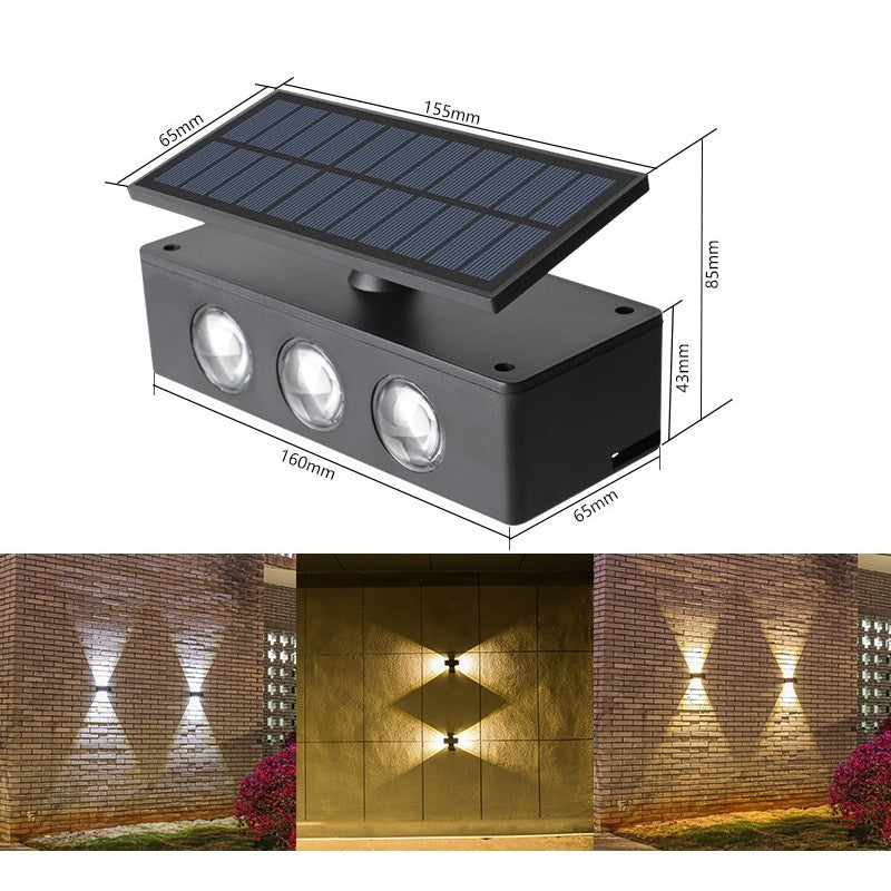 Lampa solara LED bidirectionala Vivimall, cu panou ajustabil, comutator culoare lumina, pentru perete, scari, gradina, terasa, 16 x 6.5 cm, 6 LED-uri, material ABS, baterie 3.7 V, 1200mah, multicolor - vivimall.ro