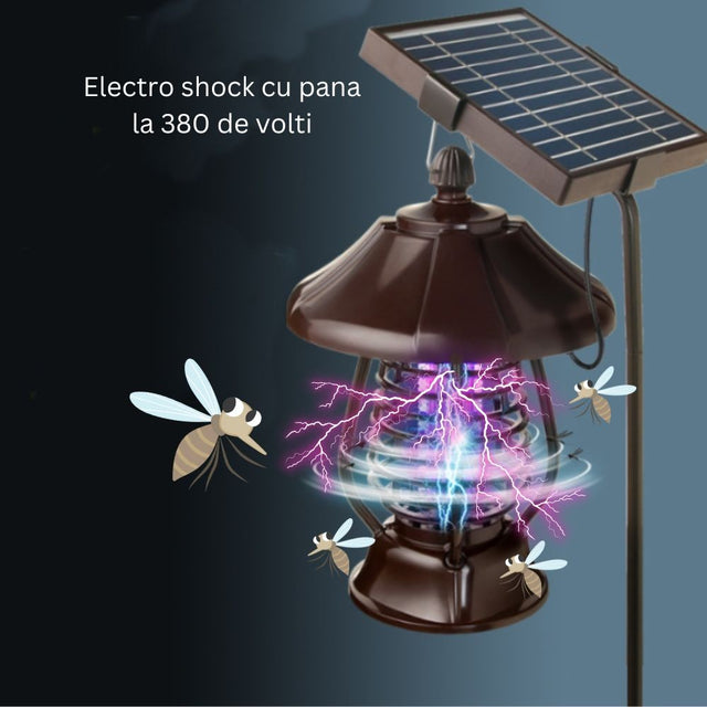 Lampa solara pentru gradina, anti-insecte, tantari, muste, UV, LED, material ABS, putere 5W, 1.2 V, autonomie 8 ore, 2 moduri de functionare, IP65, electric shock 380 volti, 30 x 19.5 cm, maro - vivimall.ro