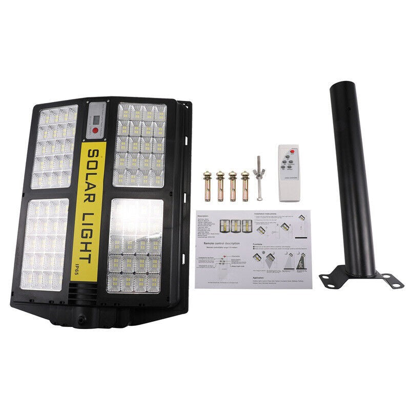 Lampa solara stradala Vivimall, cu telecomanda, senzor de miscare si lumina, suport prindere, 280 LED-uri, IP65, ABS, 12AH, 500W, temperatura culoare 6500K, 44.5x37.7x6.6 cm, autonomie 10-12 ore, negru - vivimall.ro