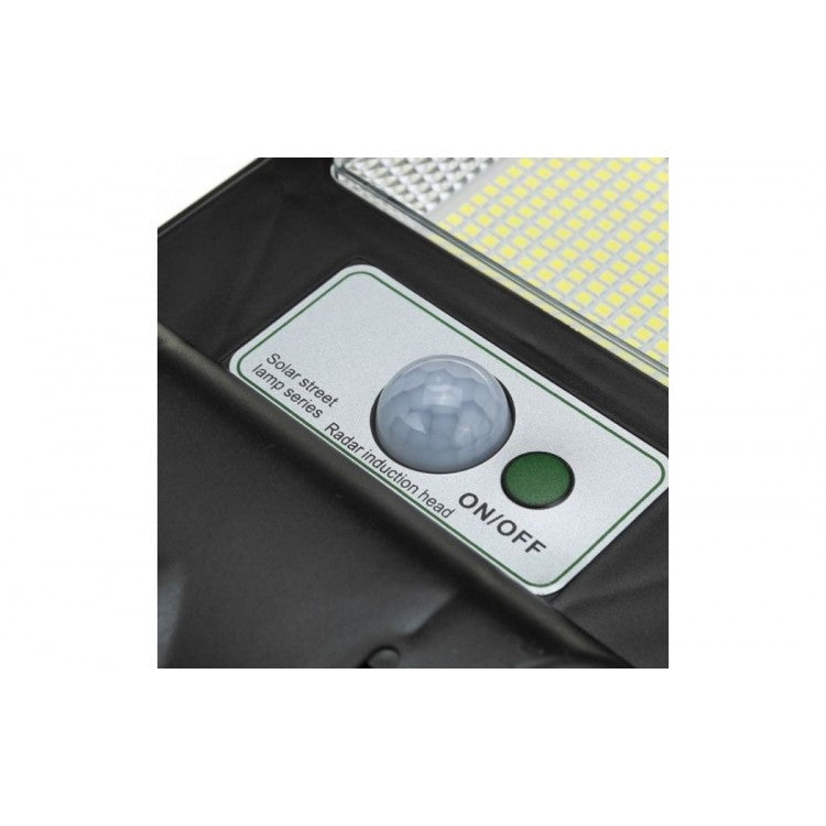 Lampa solara stradala Vivimall, cu telecomanda, senzor de miscare si lumina, suport prindere, 288 LED-uri, IP65, ABS, 15AH, 300W, temperatura culoare 6500K, 79x18.8x5 cm, autonomie 10-12 ore, negru - vivimall.ro