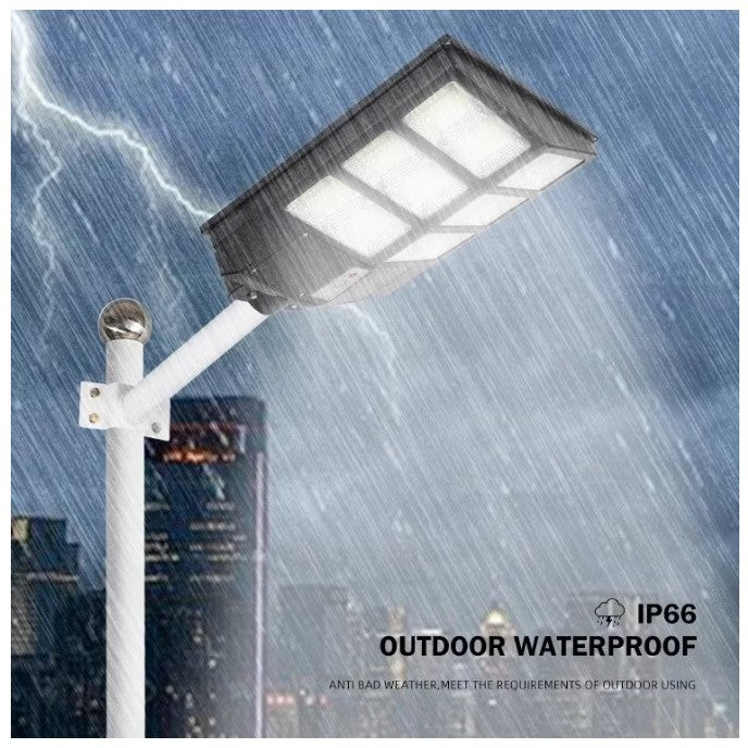 Lampa solara stradala Vivimall, cu telecomanda, senzor de miscare si lumina, suport prindere, 480 LED-uri, IP65, ABS, 15AH, 300W, temperatura culoare 6500K, 44.6x34.8x7.2 cm, autonomie 10-12 ore, negru - vivimall.ro