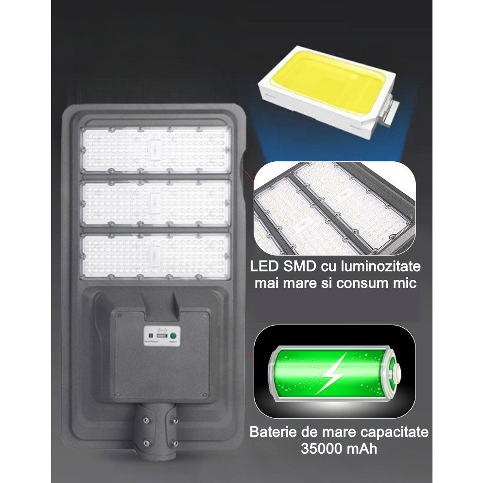 Lampa solara stradala Flippy, IP65, senzor de lumina, 306 LED-uri SMD, 3000 lm, panou 40W, putere 300W, autonomie 12-16 ore, telecomanda, montare prin fixare, pentru strada sau gradina, finisaj mat, material ABS,  70.3 x 36.5 x8.7 cm, lumina alb rece, gri - vivimall.ro