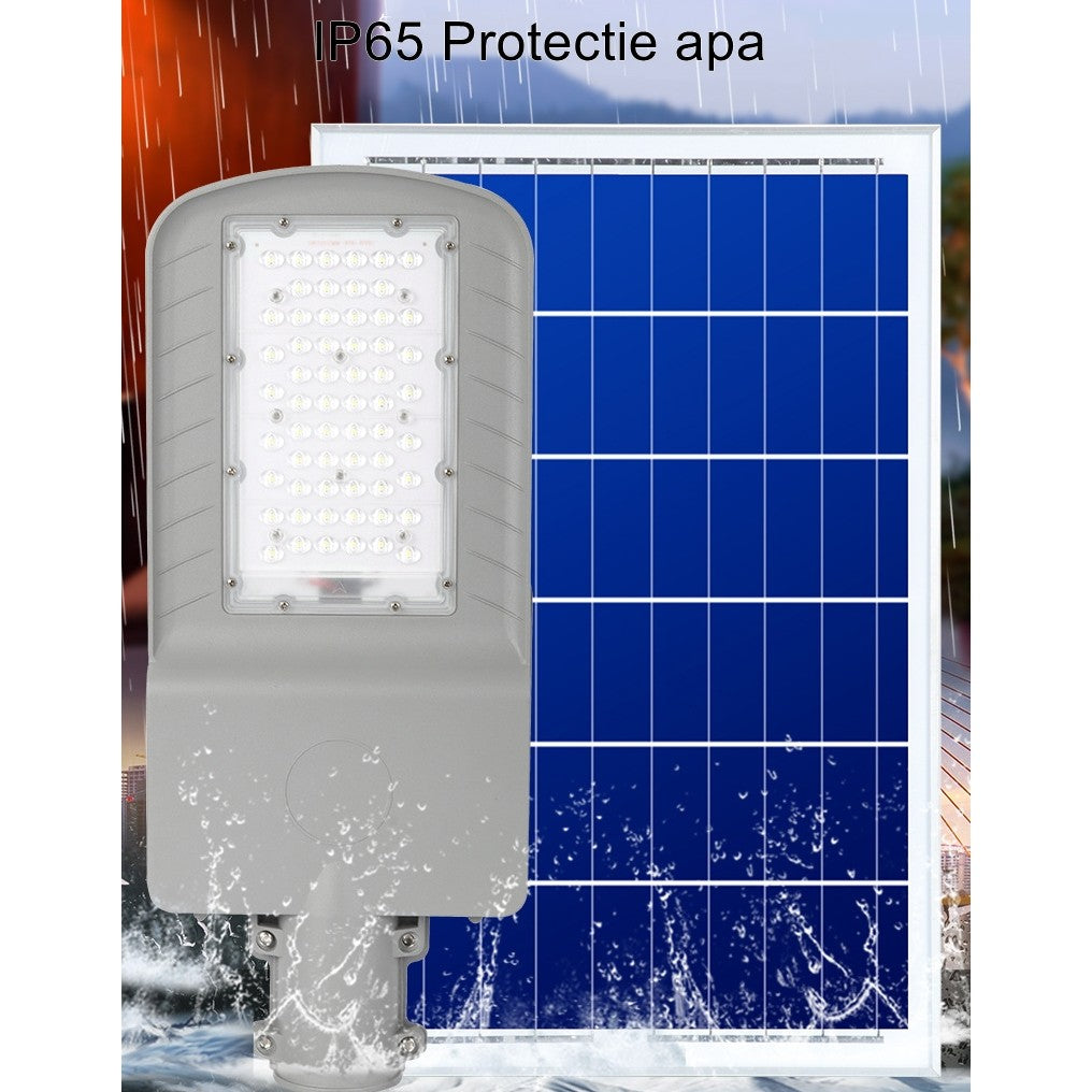 Lampa Solara Stradala, Ip65, Senzor De Lumina, 60 Led-Uri Smd, 2250 Lm, Panou 25W, Putere 200W, Autonomie 12-16 Ore, Telecomanda, Montare Prin Fixare, Pentru Strada Sau Gradina, Finisaj Mat, Material Abs, 51.5 X 21 X 7.5, Gri - vivimall.ro