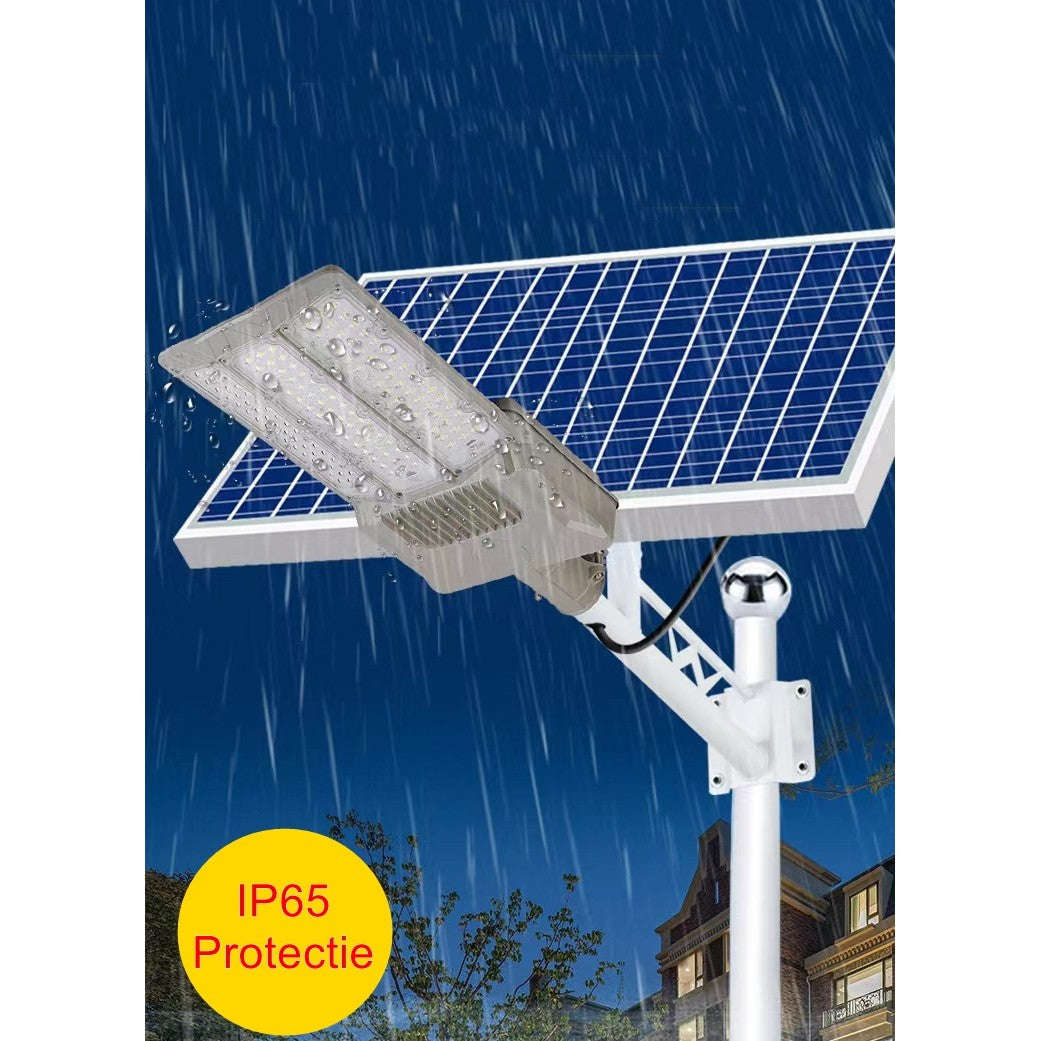 Lampa solara stradala Vivimall, pentru curte sau strada, cu doua grile, finisaj mat, rezistent la apa, montare prin fixare, senzor lumina, baterie de litiu, IP65, lumina rece, putere 300W, autonomie 10 ore, 51.5 x 21 cm, gri - vivimall.ro