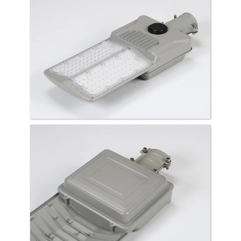 Lampa solara stradala Vivimall, pentru curte sau strada, cu doua grile, finisaj mat, rezistent la apa, montare prin fixare, senzor lumina, baterie de litiu, IP65, lumina rece, putere 500W, autonomie 10 ore, 55 x 23 x 9 cm, gri - vivimall.ro