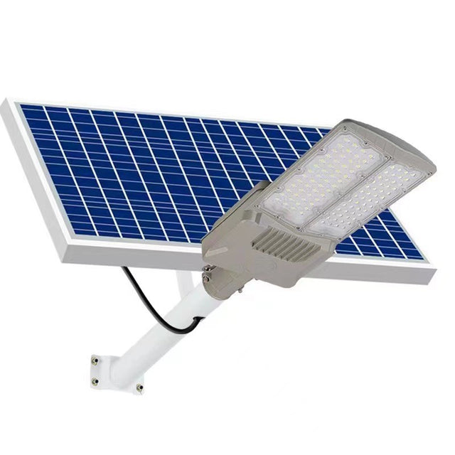 Lampa solara stradala Vivimall, pentru curte sau strada, cu doua grile, finisaj mat, rezistent la apa, montare prin fixare, senzor lumina, baterie de litiu, IP65, lumina rece, putere 300W, autonomie 10 ore, 51.5 x 21 cm, gri - vivimall.ro