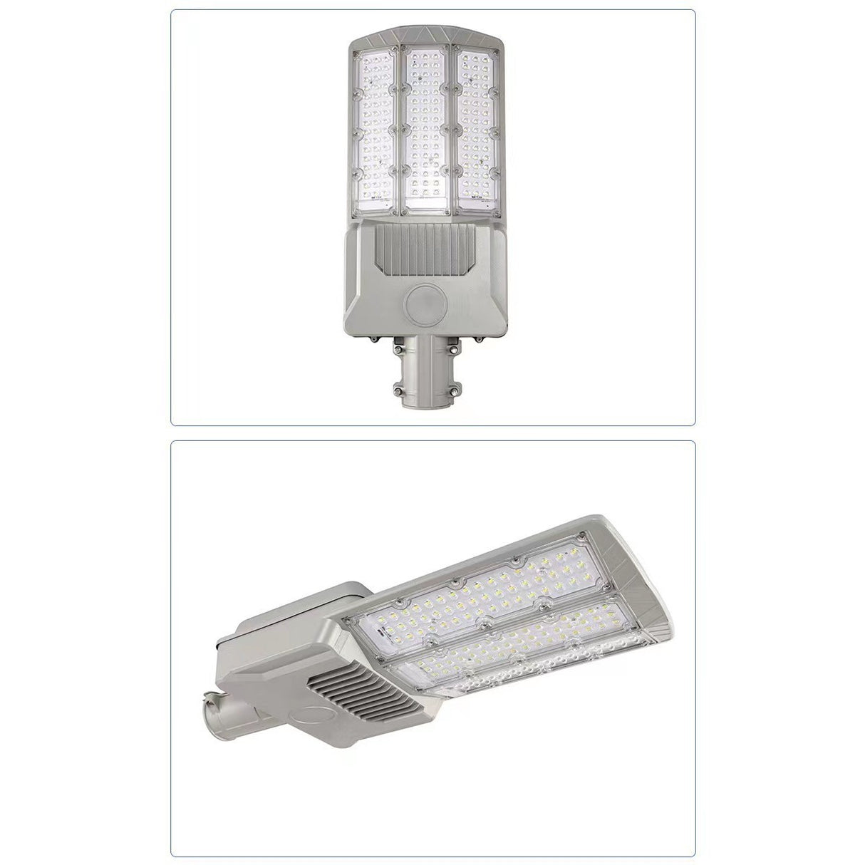 Lampa solara stradala Vivimall, pentru curte sau strada, cu trei grile, finisaj mat, rezistent la apa, montare prin fixare, senzor lumina, baterie de litiu, IP65, lumina rece, putere 1000W, autonomie 10 ore, 55 x 23 x 9 cm, gri