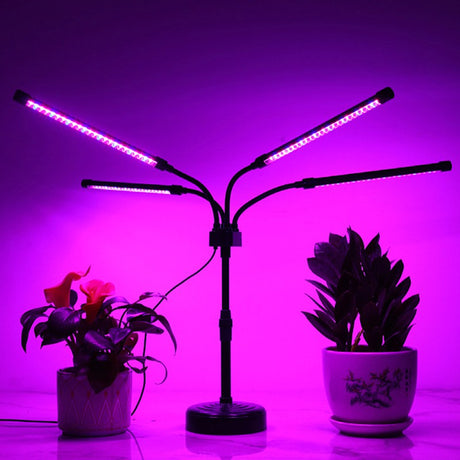 Lampa UV pentru cresterea plantelor, Vivimall, Alimentare cu USB, 20W, 4 capete, 96 LED-uri, 9 nivele lumina, Timer, Inaltime Ajustabila pana la 65 cm Lumina Mov - vivimall.ro