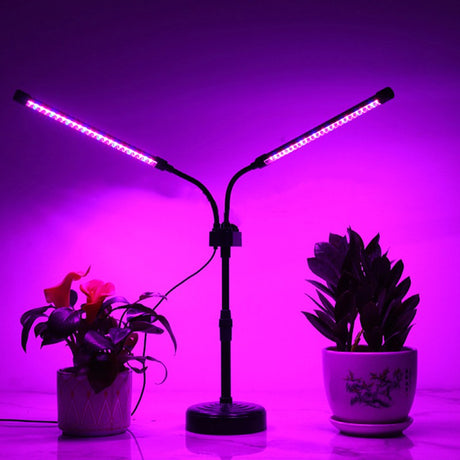 Lampa UV pentru cresterea plantelor, Vivimall, Alimentare cu USB, 10W, 2 capete, 48 LED-uri, 9 nivele lumina, Timer, Inaltime Ajustabila pana la 65 cm Lumina Mov - vivimall.ro