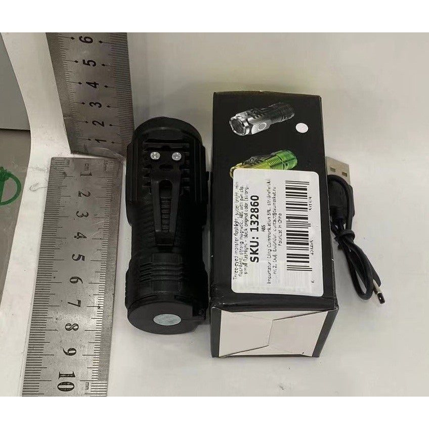 Lanterna cu 3 Nuclee Led, Vivimall, Incarcare USB, Autonomie 4-20h, Raza Maxima 100-200 m, 5W, 4 x 4 x 9 cm, Suport de Agatat, Fund Magnetic, Negru Galvanizat - vivimall.ro