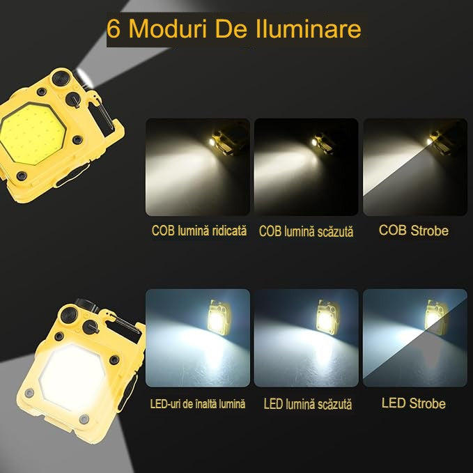 Lanternă mini Elvis cu magnet puternic la bază, fixată pe suprafață metalică, vedere laterală