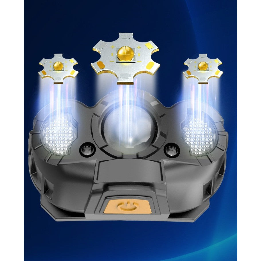 Lanterna LED de Cap, Vivimall, cu Suport Inclus, Incarcare USB Tip C, Raza 100-200m, 5W, 6 Trepte de Lumina, 400 mAh, Gri - vivimall.ro