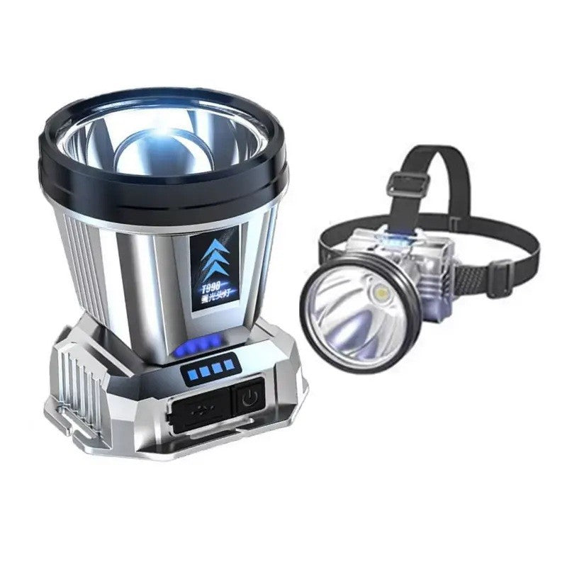 Lanterna Power Bank LED, Vivimall, cu Suport pentru Cap, Incarcare USB, Raza 100-200m, 5W, 3 Trepte de Lumina, Afisaj Baterie, Argintiu - vivimall.ro