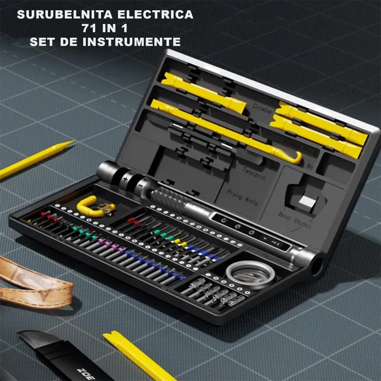Surubelnita Profesionala Electrica, Flippy, Multifunctionala, Reancarcabila USB, Luminare LED, Kit 71 in 1, Set Complet cu Biti Torx, Phillips, Hex, Pentalobe, 21.4 x 12.4 cm, Negru - vivimall.ro